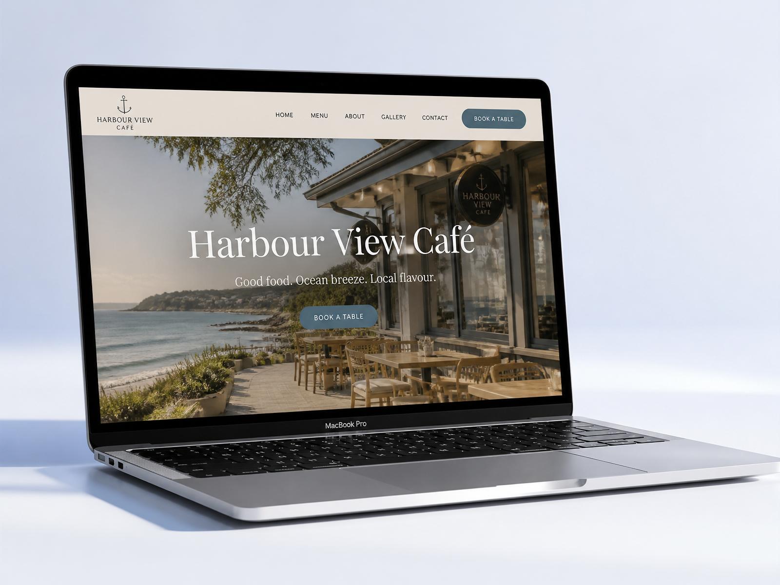 Harbour View Café website — a real website designed and built by North Coast Web, shown on a MacBook
